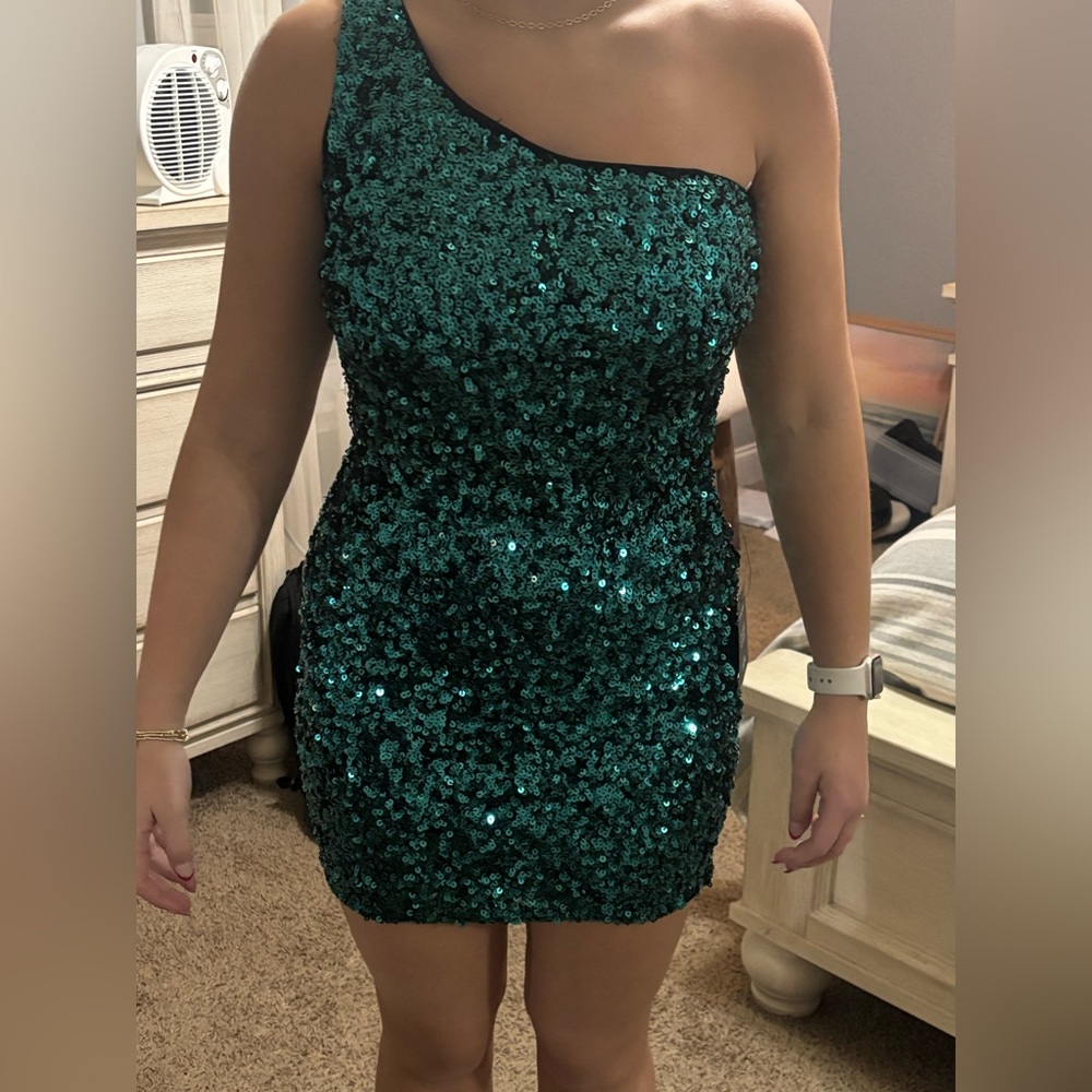 Lulus Sequin One Shoulder Mini Dress, Dark Teal Green, Small fits like Medium